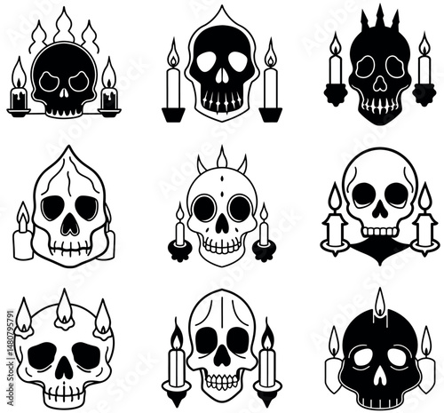 Halloween Skull Silhouettes with Candles Set - Spooky Minimalist Black and White Vector Icons for