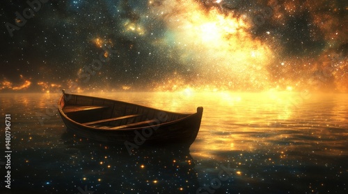 Wooden boat on calm water under a starry night sky
