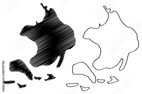 Duke of York Islands (New Guinea, Pacific Ocean, Bismarck Archipelago) map vector illustration, scribble sketch Kabakon or Kaka Kon, Kerawara, Ulu, Mioko and Mualim map