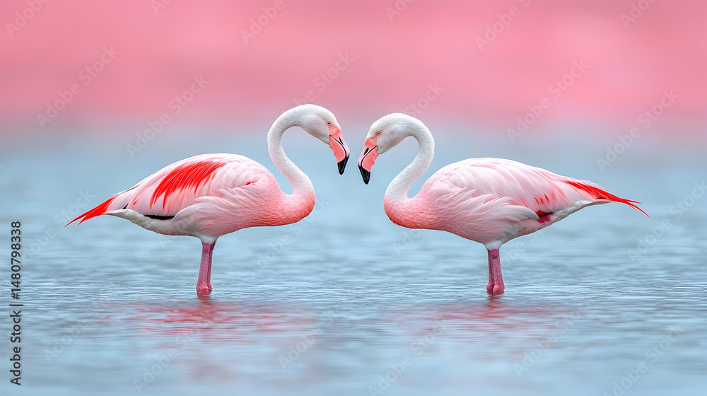 Obraz premium Two Pink Flamingos Forming a Heart Shape in Shallow Water
