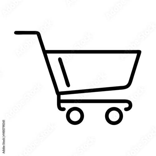Minimalist black outline vector icon of a shopping cart, symbolizing shopping, retail, and e-commerce 