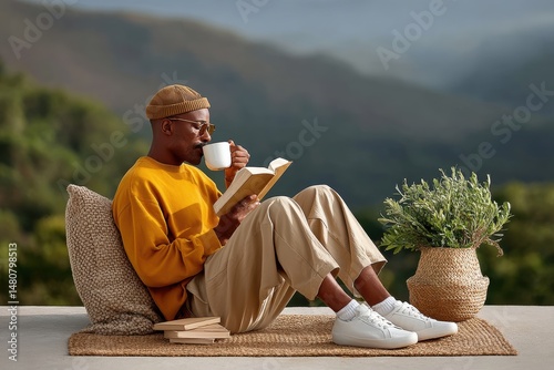 black man drinking coffee in the morning, watching sunrise with coffee and bible