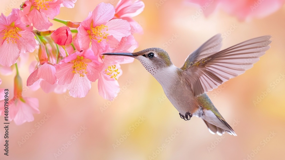 Naklejka premium Hummingbird sips nectar from the blossoms of a flowering tree