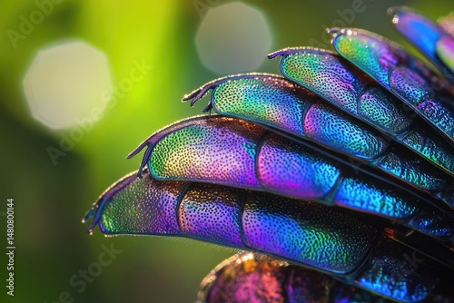 Close-up of iridescent beetle elytra showcasing vibrant rainbow hues and textured surface.