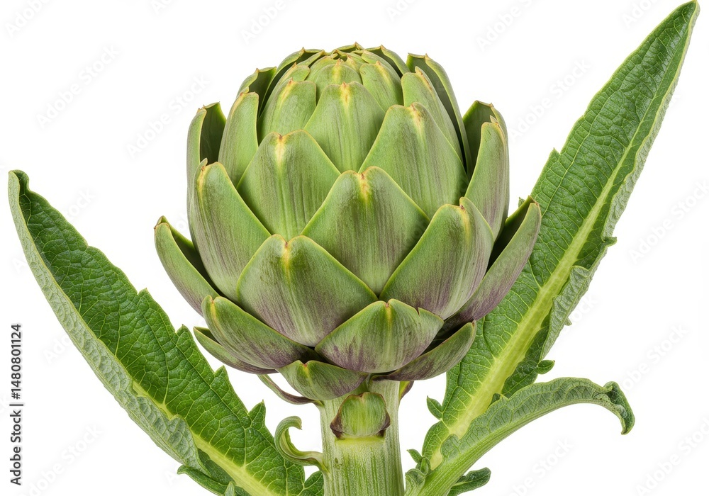 Fototapeta premium Close up of a fresh green artichoke with leaves isolated on a white background