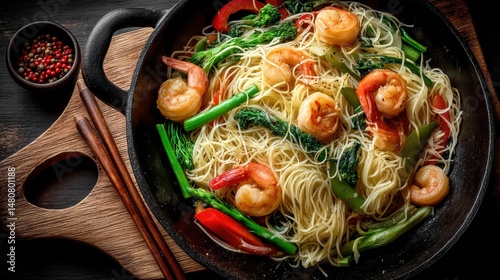 Fried noodles with vegetables and shrimps, wog style, top down view
