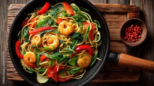 Fried noodles with vegetables and shrimps, wog style, top down view