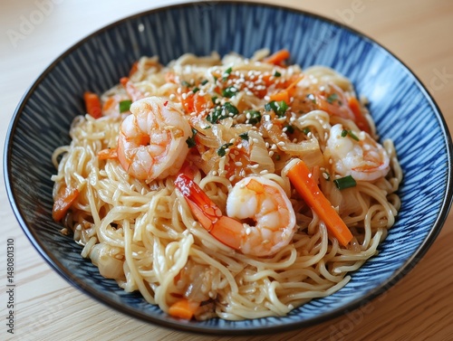 Fried noodles with vegetables and shrimps, wog style, top down view