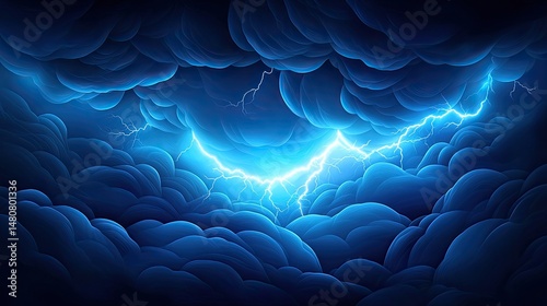 Dramatic lightning strikes illuminate the dark blue stormy clouds