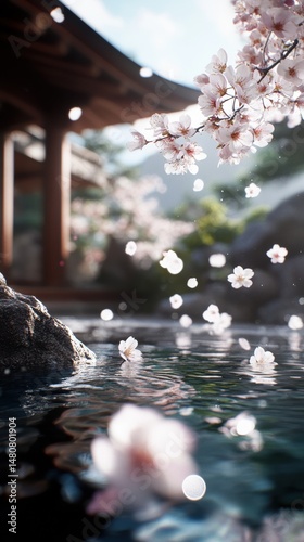 Japanese garden with cherry blossoms