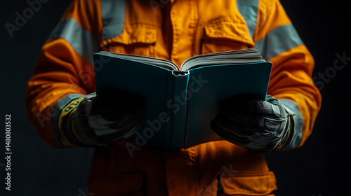 Person in High-Visibility Jacket Holding an Open Book