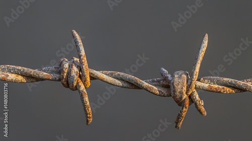 Macro of barbed wire twist showing rust texture sharp edge highlights photo