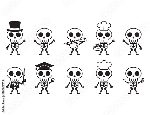Collection of Skeleton Character Icons for Halloween, Parties, and Fun
