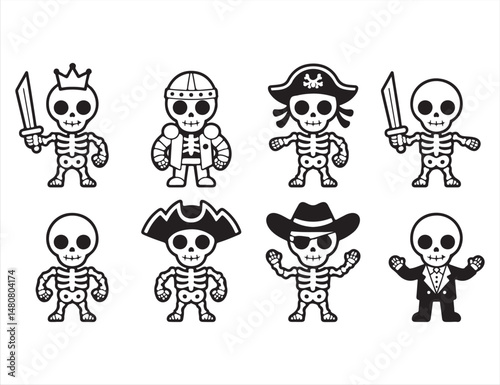 Set of Skeletons in Pirate, Musician, and Sports Costumes in Icon Style