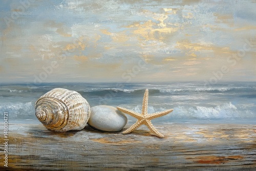 Seashell, starfish, and smooth stone resting on driftwood against a serene ocean backdrop.