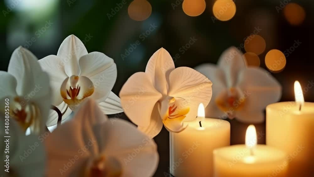 Elegant white orchids and flickering candles create a calming atmosphere.
