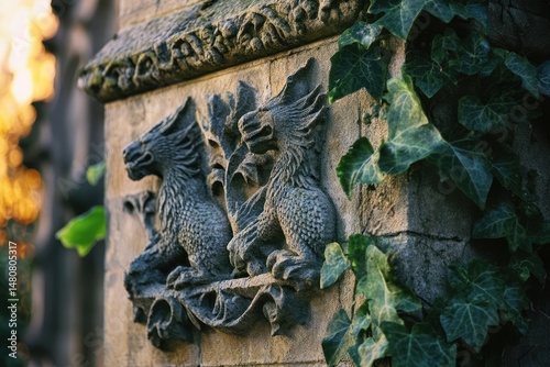 Ornate stone carvings of seated lions adorn a wall, partially obscured by ivy, creating a textured, aged aesthetic.