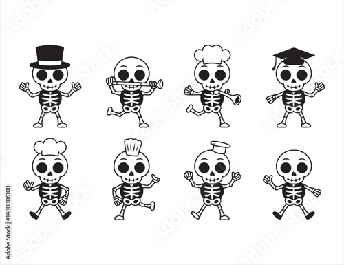 Collection of Skeleton Icons in Creative Outfits and Dynamic Poses