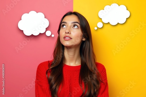 Pensive brunette under thought bubbles ponders options