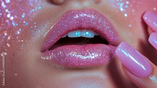 Pink glitter lips and nails makeup closeup shimmering beauty cosmetics fashion glamour shot