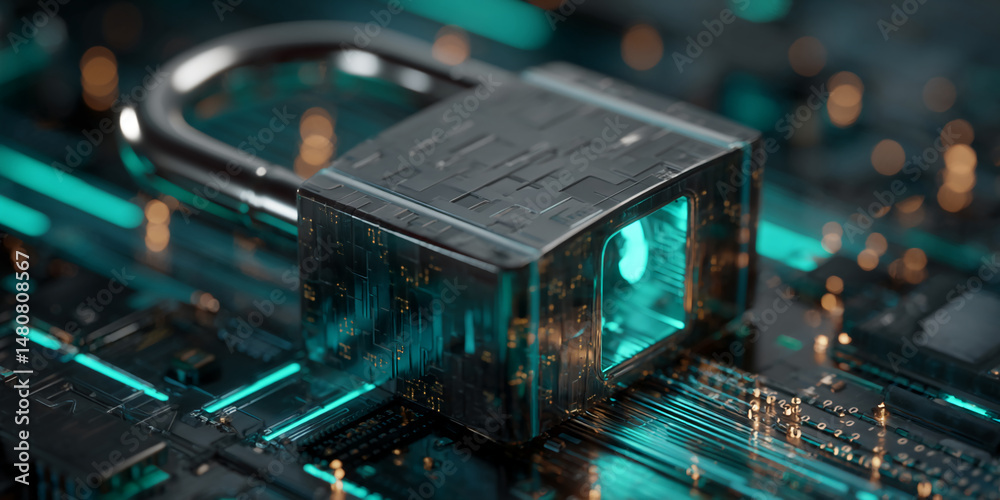 Fototapeta premium Close-up of metallic padlock on circuit board, glowing teal accents showcase digital security concept, symbolizes data protection and online safety
