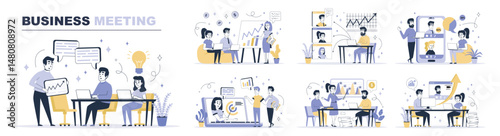 Business meeting concept set in flat web design. Collection with people discussing and cooperate at conference, working in team by video call. Flat vector illustration isolated on white background.