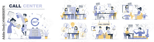 Call center concept set in flat web design. Collection with people calling in support, operators answering, make consultations, find solutions. Flat vector illustration isolated on white background.