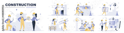 Construction workers concept set in flat web design. Collection with people in helmets and uniforms building, architect make project blueprint. Flat vector illustration isolated on white background.
