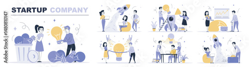 Startup company concept set in flat web design. Collection with people brainstorming, find best idea, investing in new project, launch rocket. Flat vector illustration isolated on white background.
