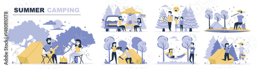 Summer camping concept set in flat web design. Collection with people resting at campground with tents, relax at picnic with children in forest. Flat vector illustration isolated on white background.