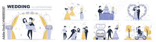 Wedding concept set in flat web design. Collection with people at marriage ceremony, catching bouquet, bride and groom dancing, honeymoon travel. Flat vector illustration isolated on white background.