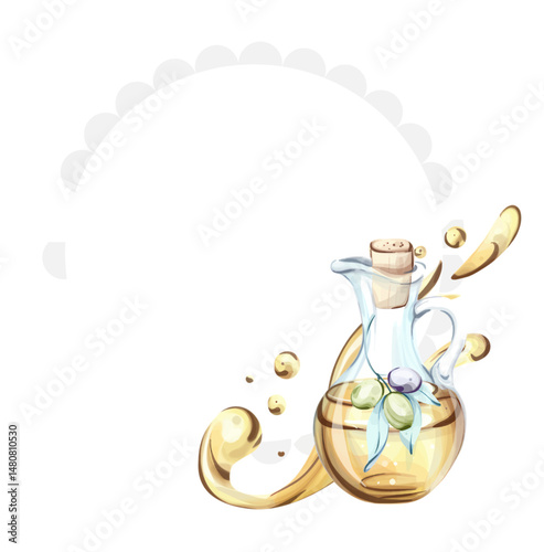 Illustration of olives and olive oil showcasing the beauty of natural ingredients and Italian cooking frame, border, arrangement