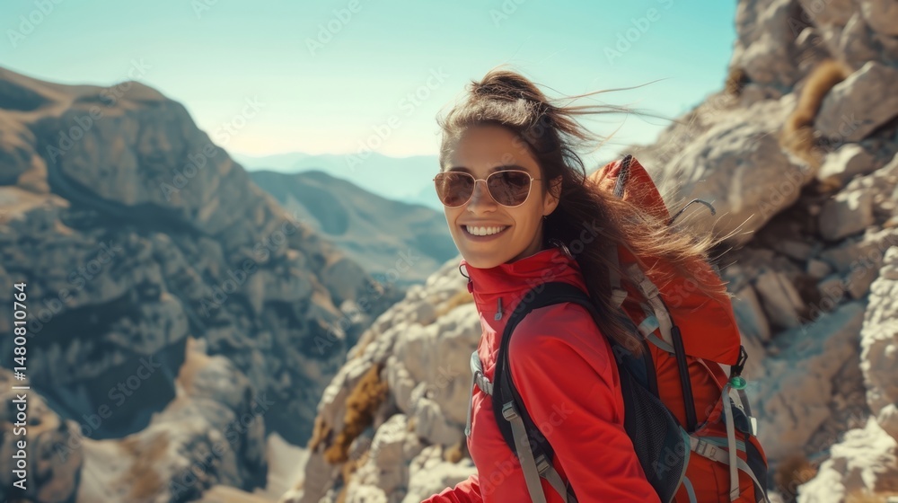 Naklejka premium Cheerful young female hiker in red jacket and backpack smiling in mountain landscape, mountain hiking, summer Tourism, outdoor activities