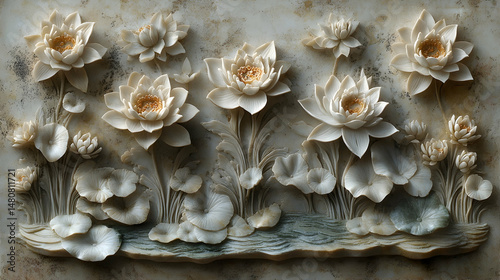 Intricate stone carving depicting a serene water garden scene with several lotus flowers, leaves, and stems