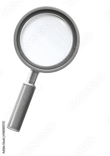 A classic magnifying glass with a metallic gray frame and handle, isolated against a black background, creating a sense of investigation.