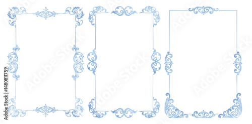 Collection of Simple Line Illustration – Luxury Vintage Wedding Invitation Border in Blue, Elegant Floral Frame, Ornamental Decoration, Classic Hand Drawn Vector Design