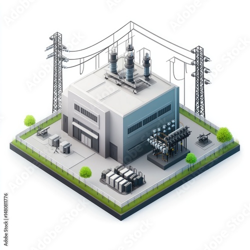 Isometric illustration of an electrical substation complex.