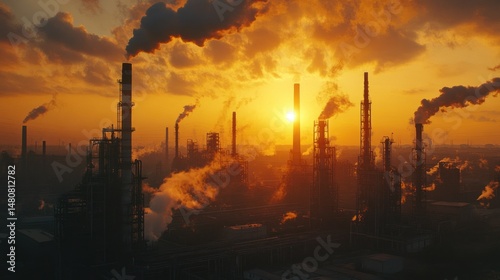 Industrial complex silhouette at sunset smoke chimneys and atmospheric pollution