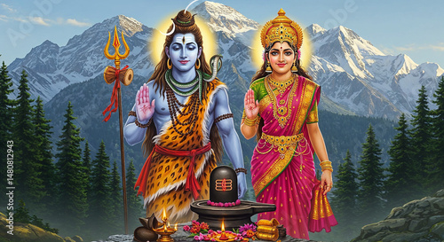 Lord Shiva and Parvati in the Himalayas with Shiva Lingam photo