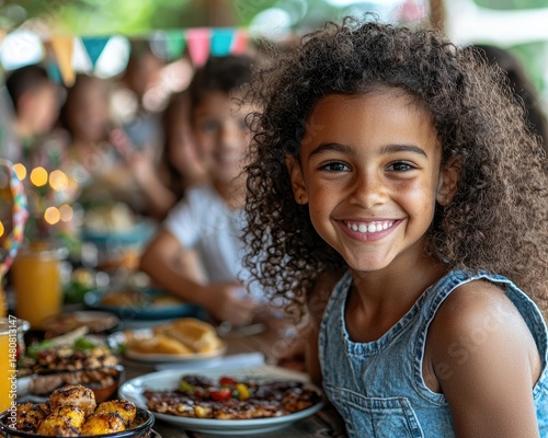 Happy young girl enjoying a meal with family