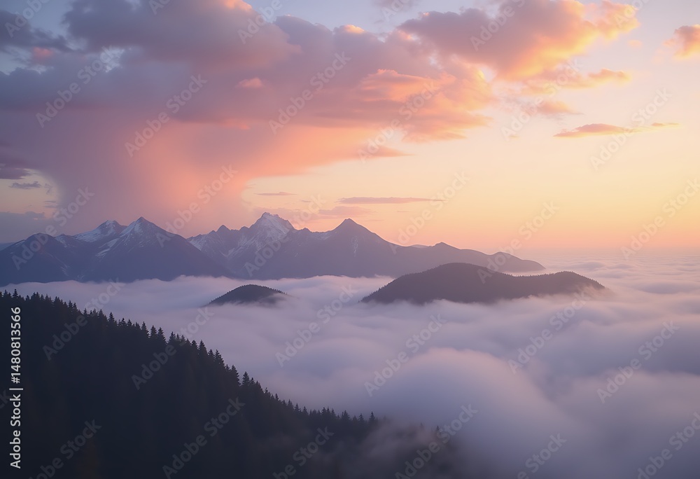 Obraz premium Misty peaks silhouette sunset sky