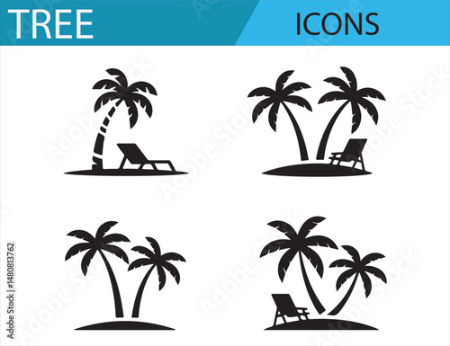 Black and White Tropical Palm Tree Icon with Beach Chairs