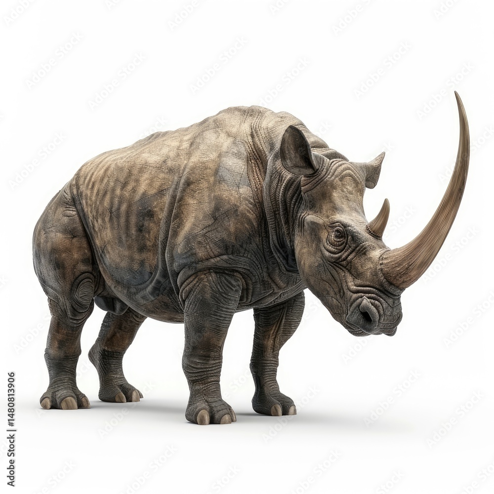 Obraz premium Massive rhinoceros stands poised against a stark white background.