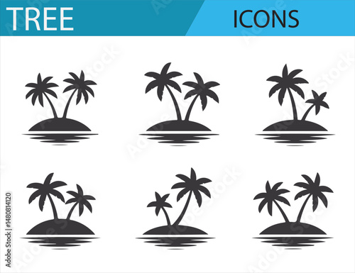 Minimalist Icon Illustration of Palm Trees and Beach Chairs on a Tropical Island
