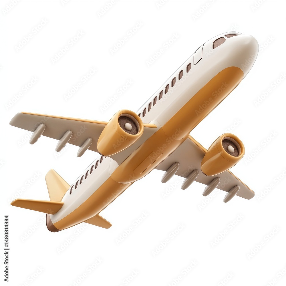 Fototapeta premium Cartoonish airplane in flight, depicted from a bottom-up perspective.