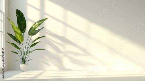 A large green plant in a white pot sits in a corner of a room with a window.