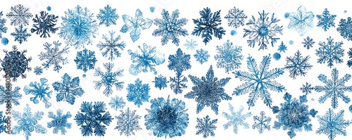 Wallpaper Mural Intricate watercolor snowflakes in various shades of blue, arranged in a horizontal row against a white backdrop Torontodigital.ca