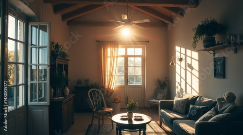 Radiant provencal house interior.  warm golden hour light creates a soft glow.  no people.  image is adorable and charming, high quality, soft contrast and saturation.  photojournalistic style