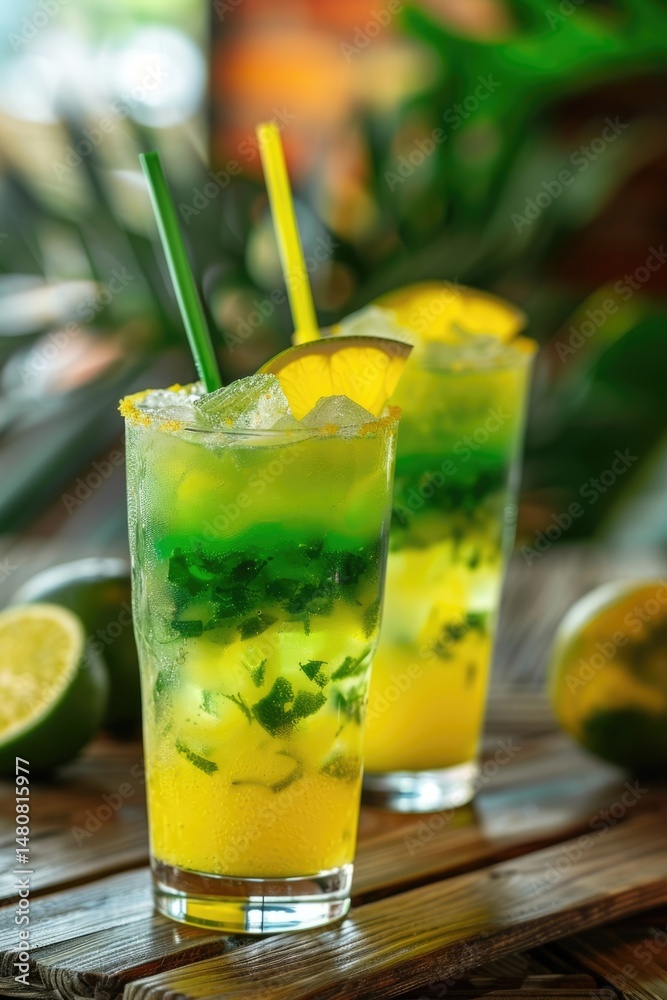 Fototapeta premium Brazil Independence Day, glasses of citrus cocktails with ice and mint, decorated with orange slices, outdoor cafe, vertical banner