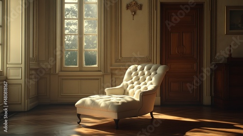Cream chaise lounge in sunlit antique room